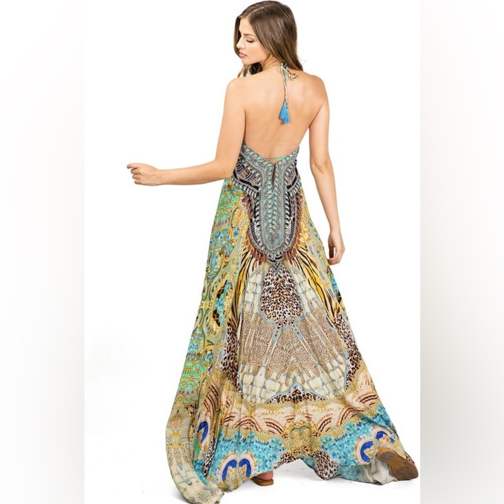Bejeweled Tropical Maxi Dress Hi-Low Resort Cruise Love Island Boho Vaca Cruise - Picture 2 of 16